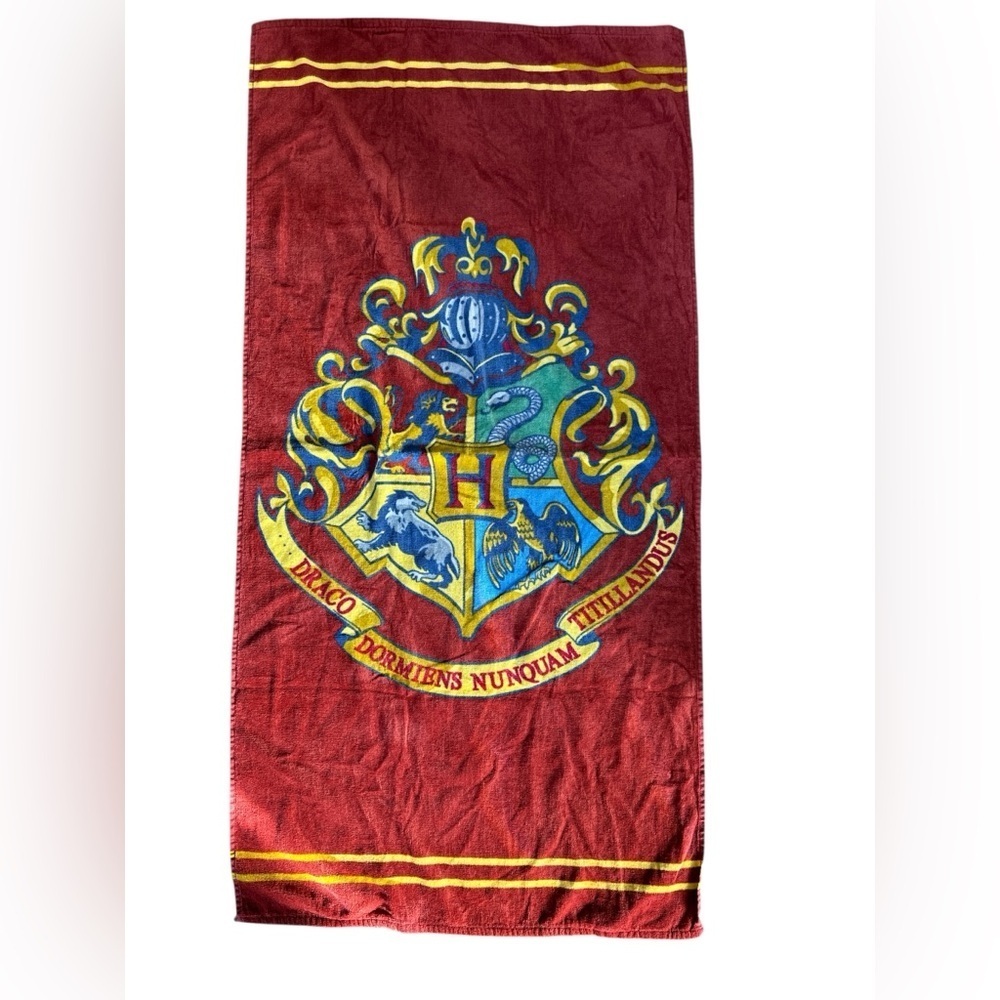 Harry Potter Beach Towel Crest Hogwarts Burgundy Gryffindor Hufflepuff 54" x 28"